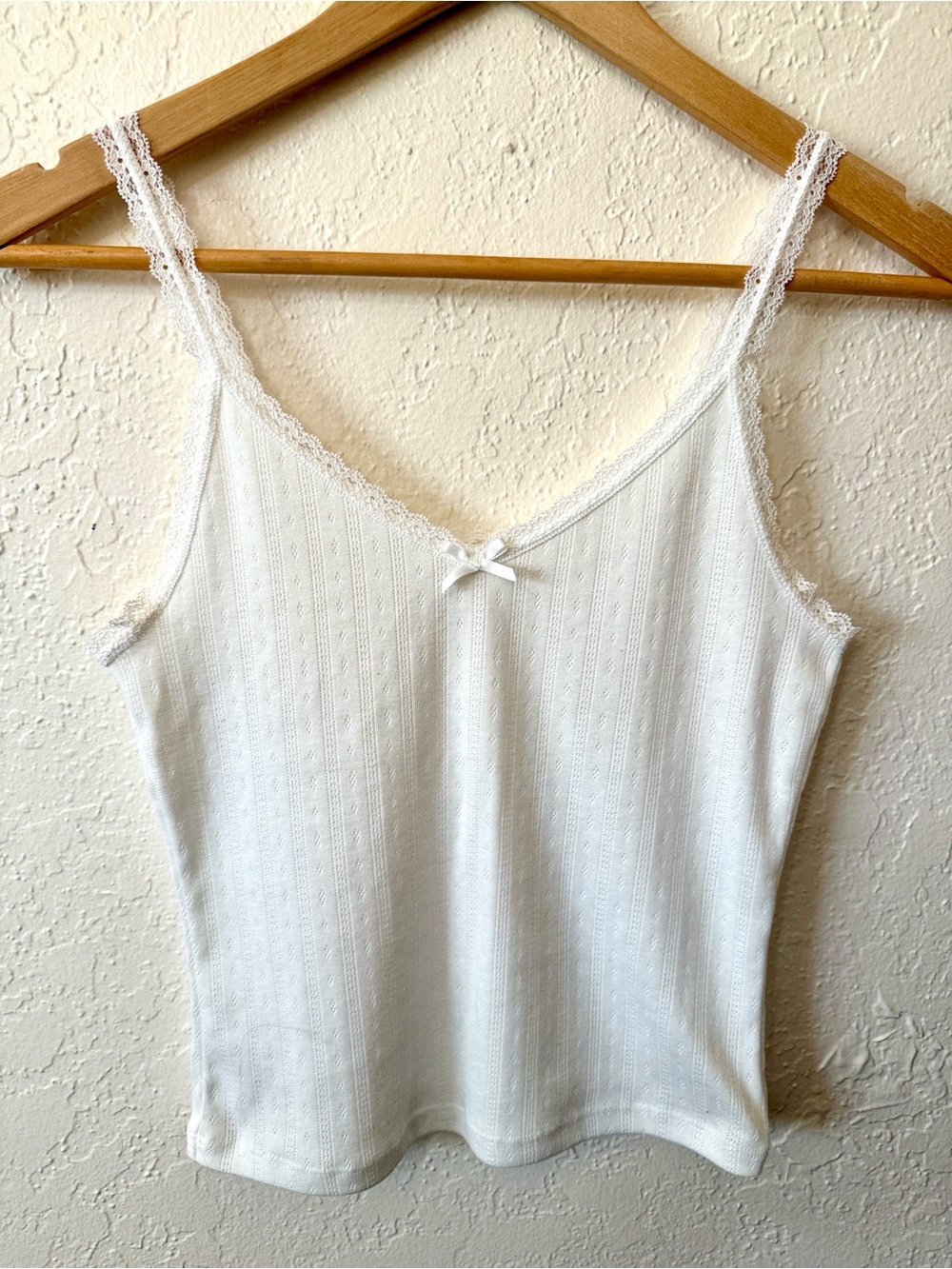 Vintage White Lace Trim Pointelle Knit Camisole Tank Top Bow Size XS
